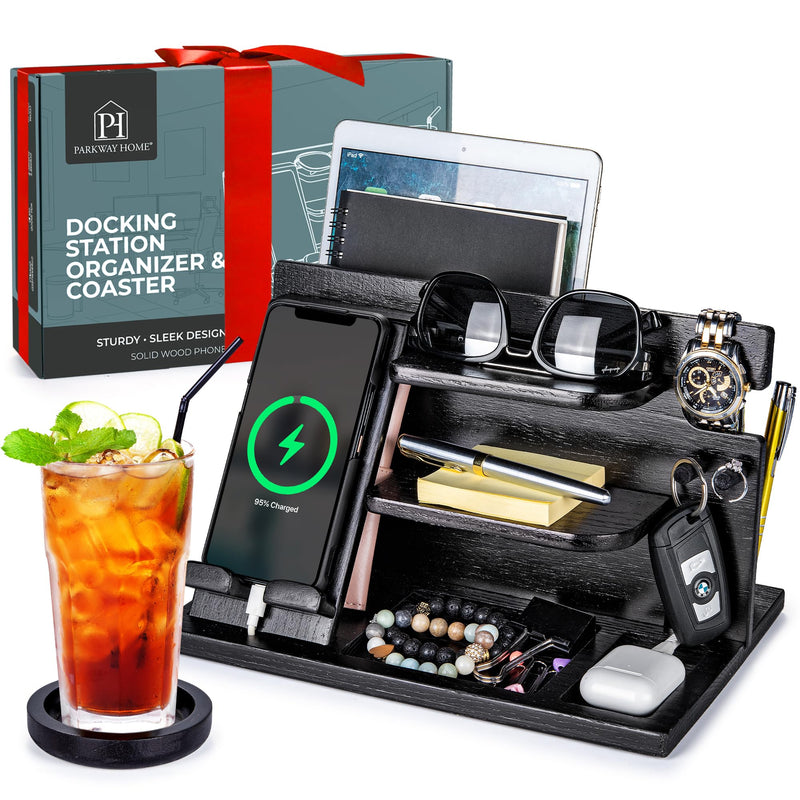 Black Wood Phone Docking Station - Wood Charging Station Organizer Stand, Bedside Nightstand Organizer for Men and Women, Holds Phone, Tablet, Keys, Glasses, EDC and more Organizer Without Drawer Black