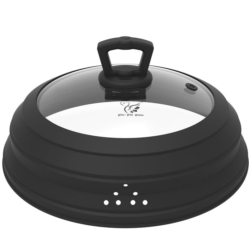 Microwave Splatter Cover Vented Glass Splatter Guard Lid with Collapsible Silicone for Food as Pot Cover Plate 10.8 inch for 6 7 8 9 10 inch Plate Bowl Black