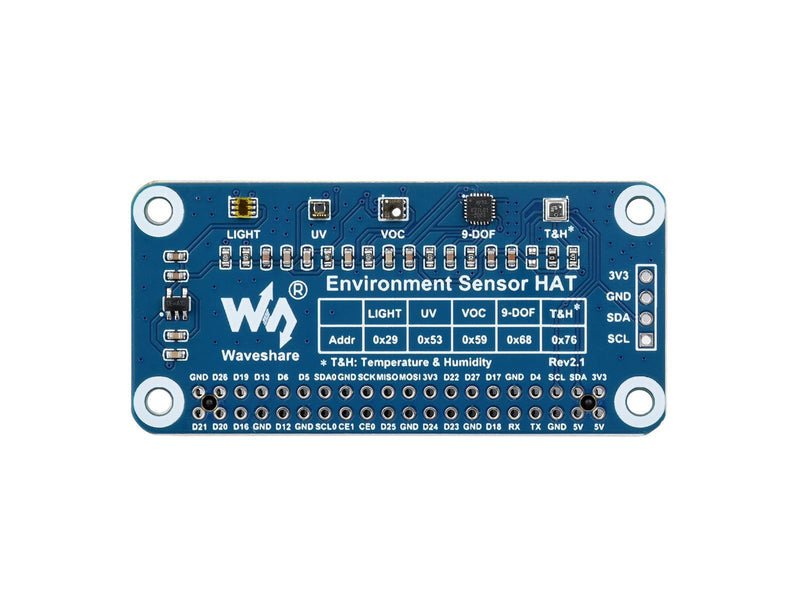 Waveshare Environment Sensor HAT, Compatible with Raspberry Pi 5/4B/3B/Zero/Zero W/Zero 2W/Pico/Pico W/Pico WH, I2C Bus with Rich Onboard Resources Including Ambient Light Sensor VOC Sensor