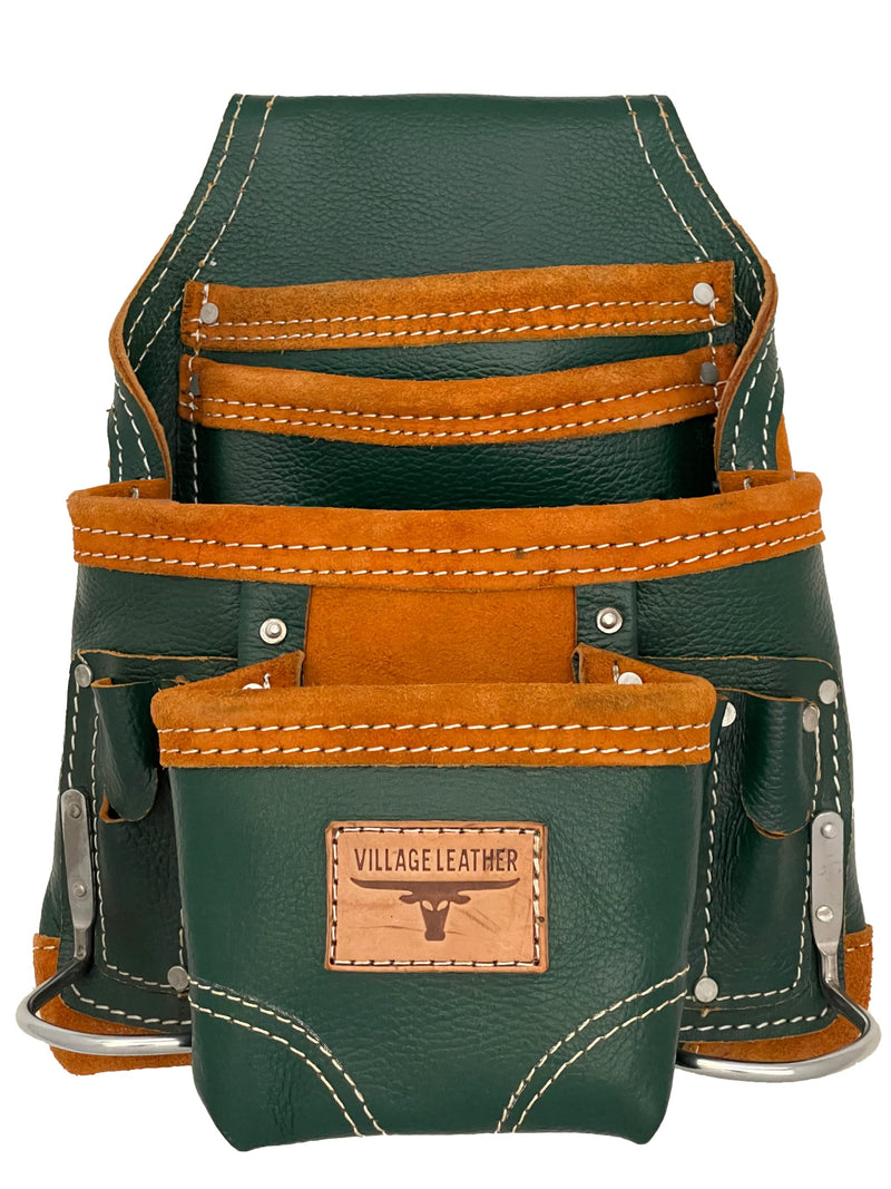 Heavy Duty Tool Pouch | Carpenters Tool Pouch 3250, Green, Top Grain, 10 Pockets, 2 Hammer Holders, Reinforced Seams | Made from Premium Natural Grain Leather for Superior Durability