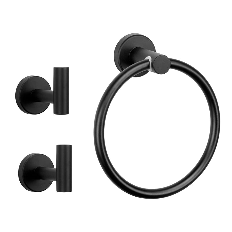 NearMoon 3 Pieces Bathroom Hardware Set, Bath Towel Ring and 2 Towel Hooks- Stainless Steel Hand Towel Hanger and Robe Hooks Accessories, Wall Mounted (Matte Black) Matte Black