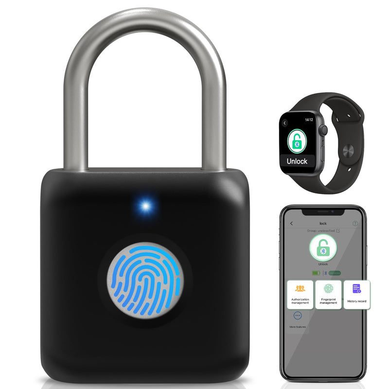 Fingerprint Padlock, Pothunder Smart Padlock, Locker Lock, Fingerprint Lock with APP Unlock, USB Rechargeable, Suitable for Gym Locker, Door(Black) Onyx Black