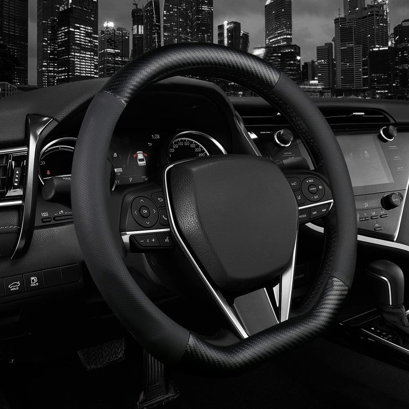 d Shape Steering Wheel Cover,Premium Leather Car Steering Wheel Protector Sport Carbon Fiber Design,Non-Slip & Breathable,Universal Fit 15 Inch Car/Auto/SUV Flat Bottom Steering Wheels (Matt Black) Matt Black