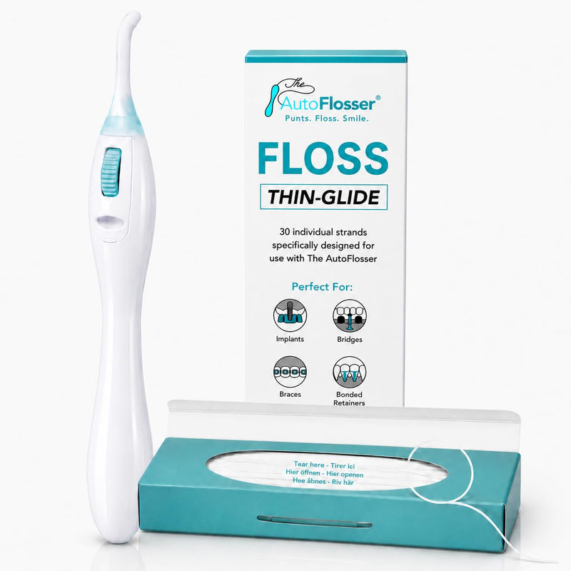 The AutoFlosser Dental Floss Threader Handle Kit for Bridges & Implants | Refillable Flosser for Bridges, Bonded Retainers, Dentist Designed Ergonomic Handle, 2 Tips, 30 Thin-Glide Strands
