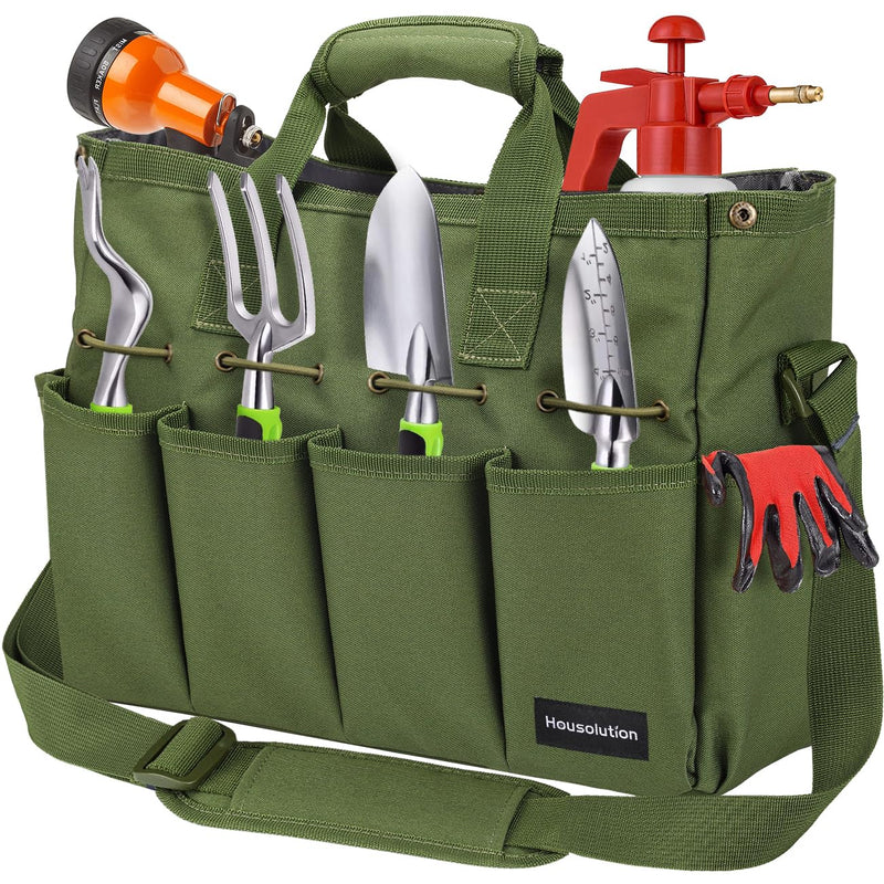 Housolution Garden Tote Bag, 900D Standable Gardening Tool Bag, Garden Tote Storage Bag with Pockets & Long Adjustable Shoulder Strap, Home Tools Organizer Garden Tool Kit Holder, 14 Inch Dark Green