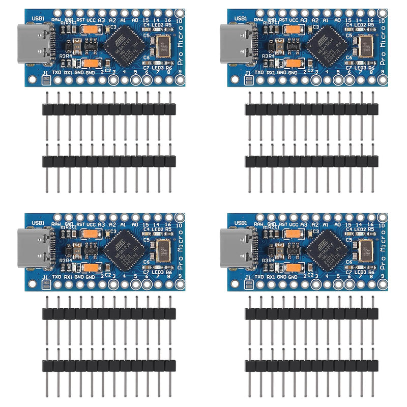 AITRIP 4PCS Pro Micro ATmega32U4 5V 16MHz Type-C Development Module Board with 2 Row pin Header Compatible arduino Leonardo Replace ATmega328 Pro Mini Type-C USB