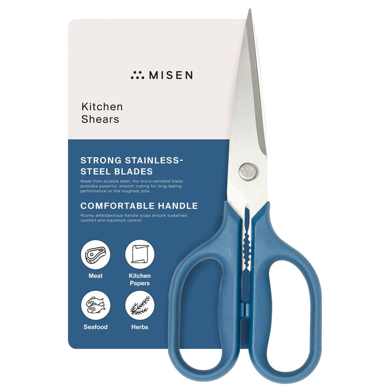 Misen Heavy Duty Kitchen Shears - Stainless Steel, Versatile and Easy Clean Scissors for Meat, Herbs and Veggies - Ambidextrous Comfort Handle - Professional Grade - Blue Large