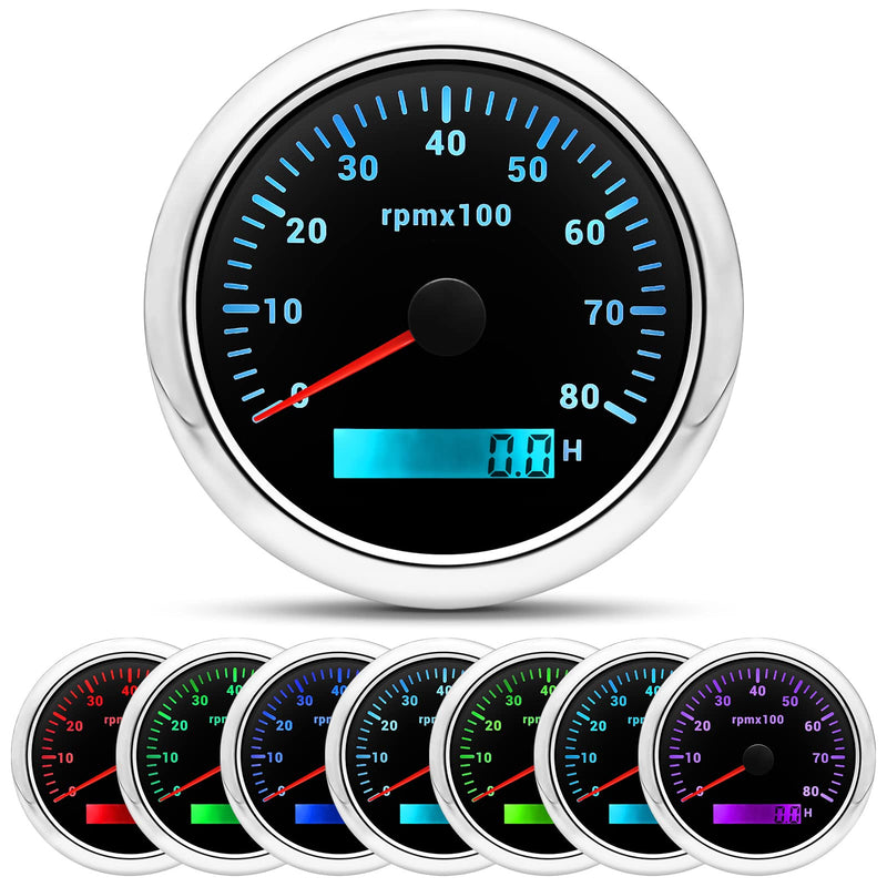 ARTILAURA Tachometer 85mm 3-3/8" Boat Tachometer 7 Color LED RPM Gauge Tacometro Meter Automotive Replacement Tachometers 8000 RPM for Car Auto Marine Truck 9-32V (Black) Black and Silver