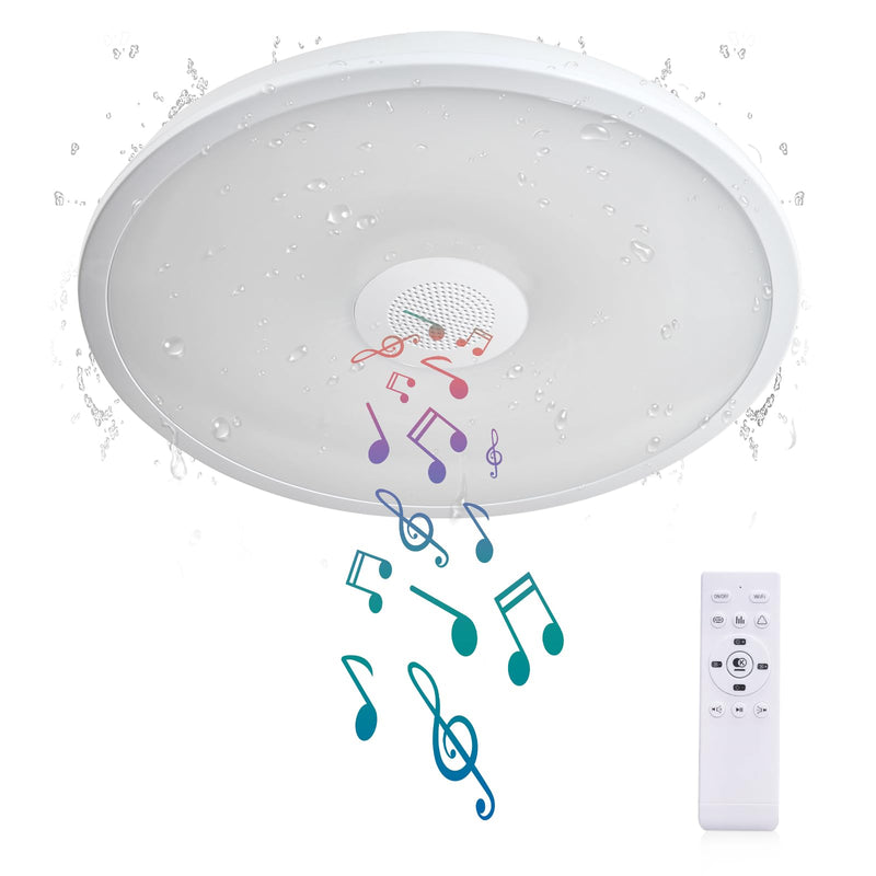 Smart Waterproof LED Flush Mount Ceiling Light Fixture,with Bluetooth Speaker,11 Inch,18 watt,Dimmable Music Lamp,RGB Color Changing Light with Remote Control,for Bathroom,Shower,Bedroom 11 inches White-Dimming Function+Bluetooth