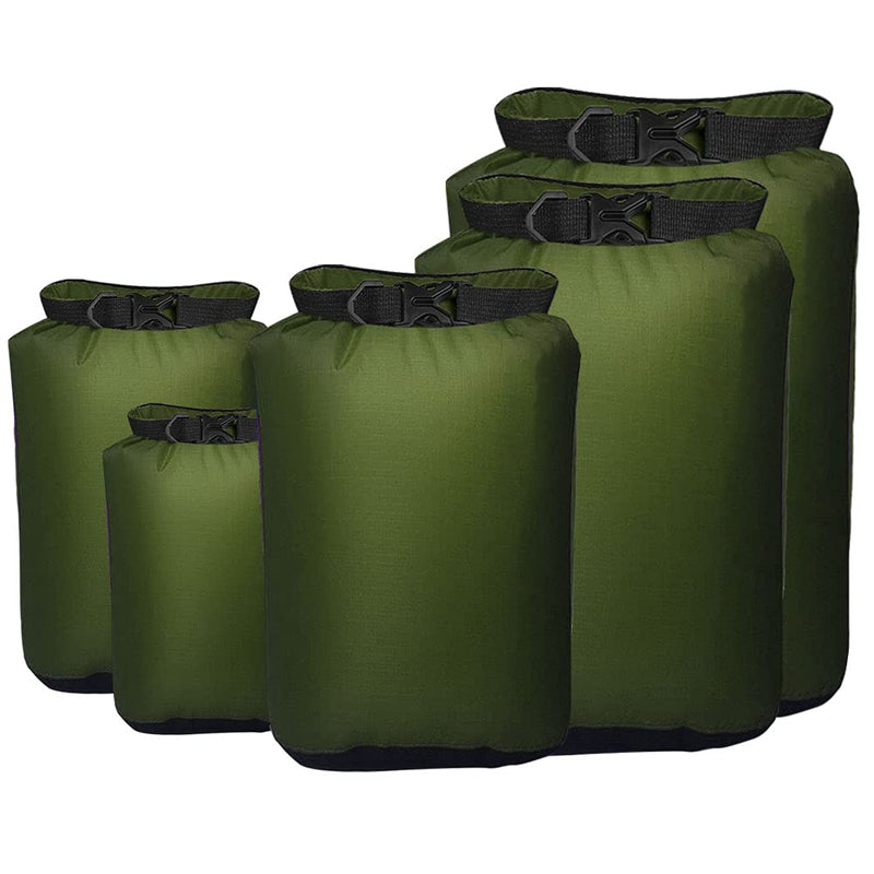 Pimoys 5 Pack Waterproof Dry Sacks, Lightweight Outdoor Dry Bags 20L /12L / 10L/ 6L/ 3.5L Ultimate Dry Bags for Kayaking Camping Rafting Boating Green