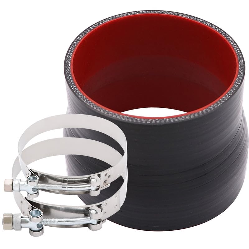 Straight ID 3.5 to 4 inch Black Silicone Reducer Coupler with 2 T-Bolt Clamps 4 Layers of Polyester Reinforcement Suitable High Level Turbo Pipe ID3.5-4" Straight Reducer