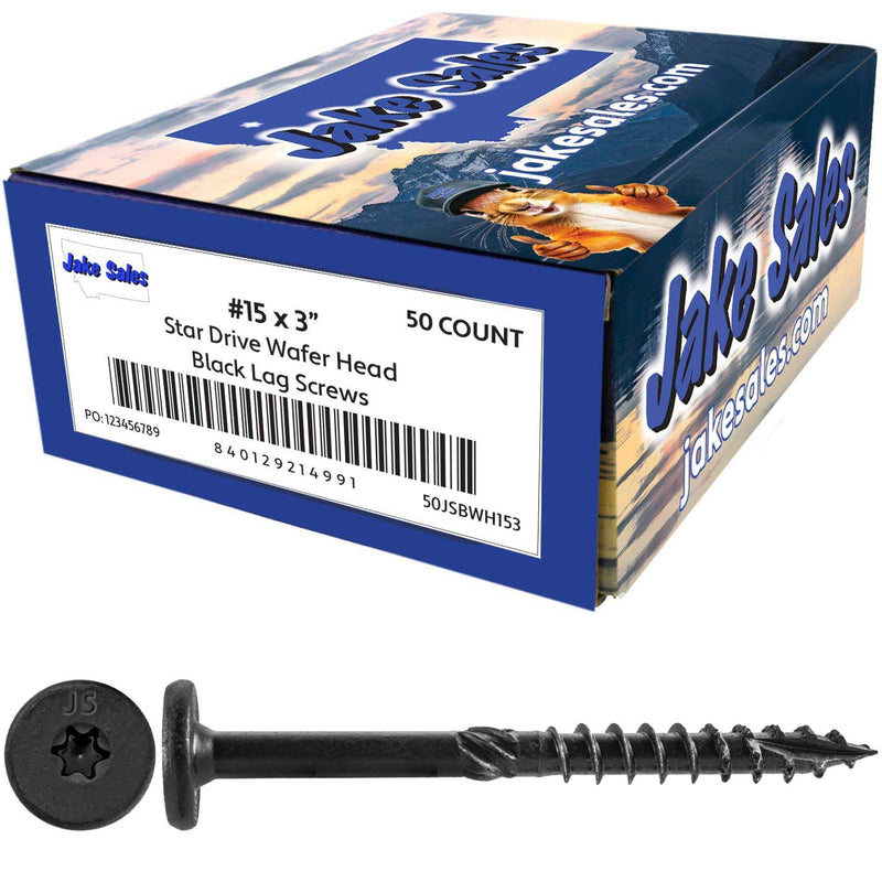 Jake Sales 15x3 Black Wafer Head Structural Lag Screws. Used for Log Construction, Timber Framing, Laminated Beams and Pole Barns Among Other Uses. T-30 Torx/Star Drive (50 Count) 15x3" 50 Count
