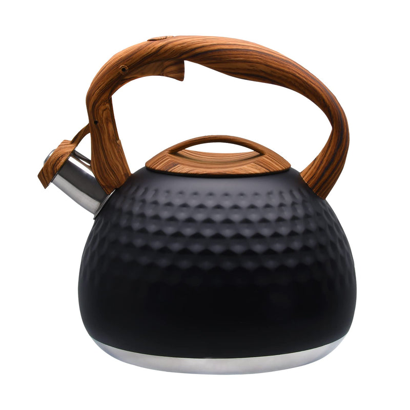GGC Tea Kettle for Stove Top, Loud Whistling Kettle for Boiling Water Coffee or Milk, 3.1 Quart 3L Heavy Stainless Steel Black Kettle with Wood Pattern Handle, Unique Button Control Kettle Outlet Premium Black