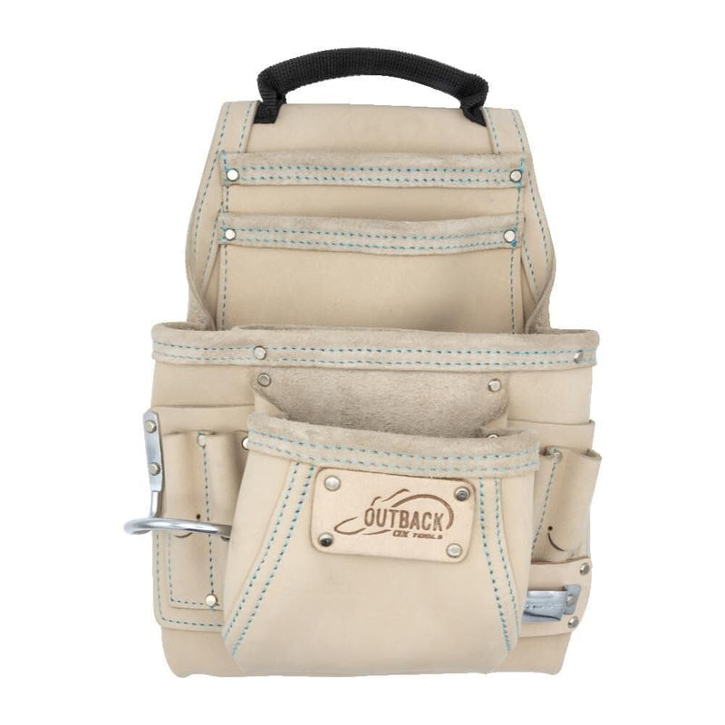 OX Tools 10-Pocket White Leather Tool Pouch with Hammer Holster | Top grain leather, teal double stitching & rivets - heat-reflective design for carpenters, framers & electricians
