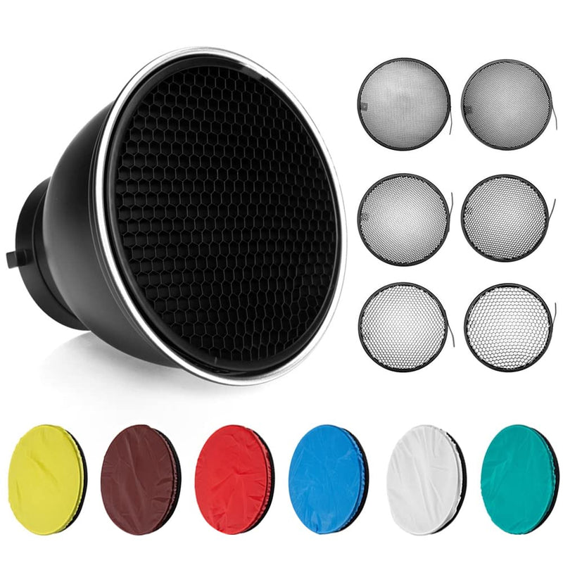 Soonpho Standard Reflector Beauty Dish Diffuser Lamp Shade 7"/ 18cm Photography with 10°/20°/30°/40°/50°/60° Degree Honeycomb Grid,6 Colors Soft Cloth for Studio Strobe Flash Light Speedlite