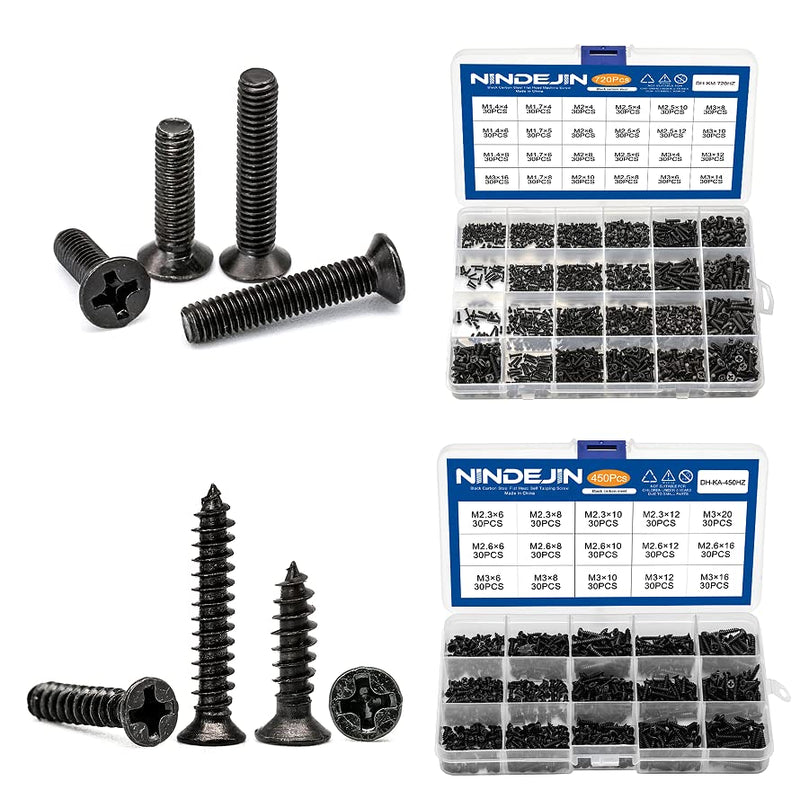 NINDEJIN 1170pcs M1.4/1.7/2/2.5/3 Phillips Flat Head Computer Laptop Screws Kit + M2.3/ M2.6/ M3 Tapping Screws Assortment Kit