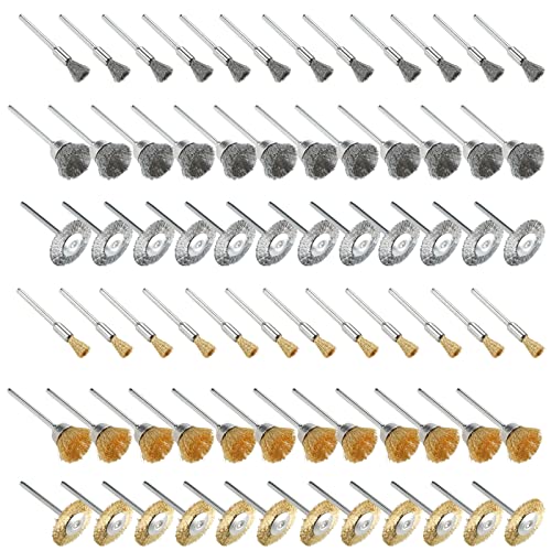 72 PCS Wire Wheel Brushes Kit Brass and Steel Wire Wheels Pen Brushes Set for Rotary Tools Polish Clean Tools