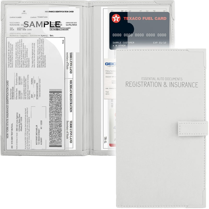 Auto Insurance and Registration Card Holder - Vehicle Glove Box Document Organizer - Car Essential Paperwork Holder for DMV, AAA, Contact Information Cards - Premium PU Leather Wallet Case - White