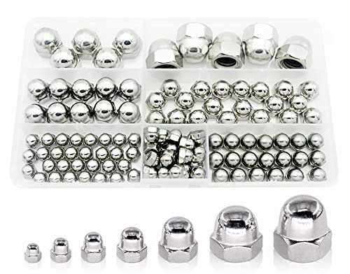 120 Pieces #6-32#8-32#10-24 1/4-20 5/16-18 3/8-16 1/2-13 UNC 304 Stainless Steel Acorn Dome Cap Head Hex Nuts Assortment Kit