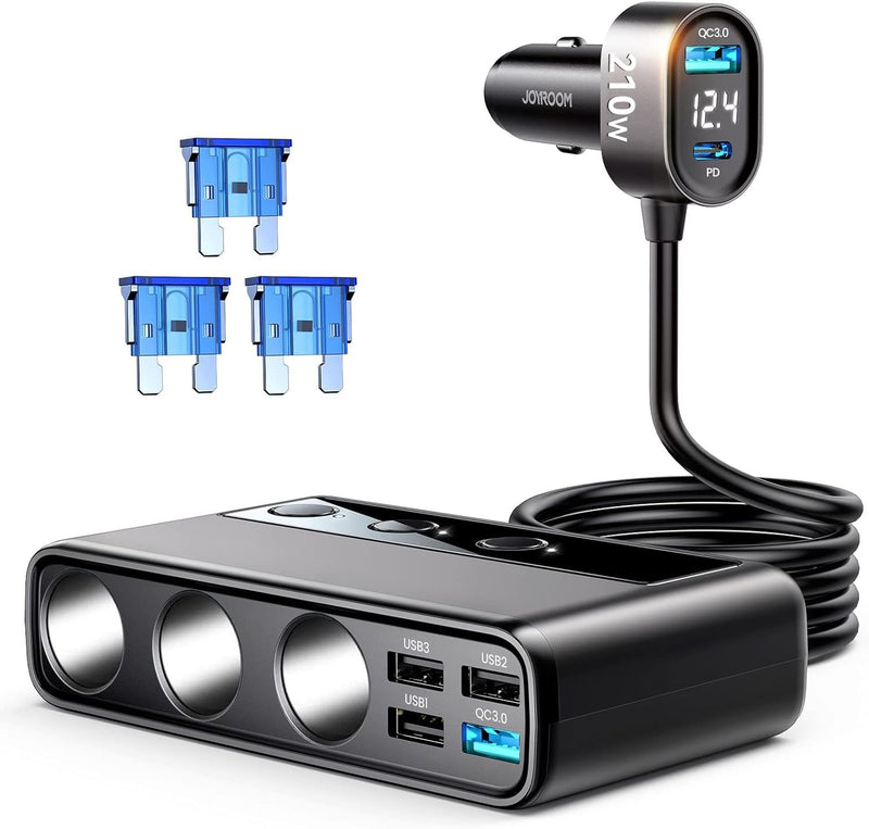 9 in 1 Cigarette Lighter Splitter, JOYROOM 210W Cigarette Lighter Adapter with PD/QC 3.0 * 2 Charge(3.3FT Cable), 12V/24V Independent Switches DC Cigarette Outlet Car Charger for All Car Devices