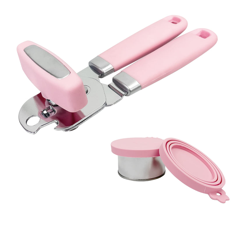 Manual Can Opener, Handheld Tin Opener Cork Screw, Easy Turn Knob, Built in Bottle Opener, Hangs for Convenient Kitchen Storage, Easily Open Tin Cans, 2 Silicone Lid Cover for Can, Pink 7.87 x 2.72 x 2.17 inches