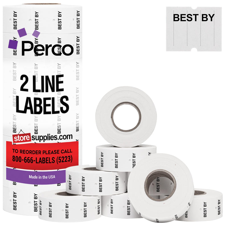 Perco 2 Line Best BY Labels - 8 Rolls, 1 Sleeve, 6,000 Blank Date Gun Labels for Perco 2 Line Date Guns - Made in USA