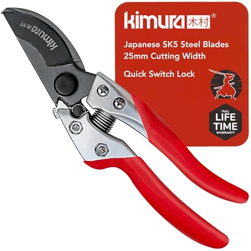 Kimura® 8" Pro Bypass Pruning Shears, Heavy Duty Japanese SK5 Steel Blades, 1 inch Cut Capacity, Non-Slip PVC Coated Handles, Lightweight & Ergonomic, Japanese Pruners, Professional Garden Clippers 8"