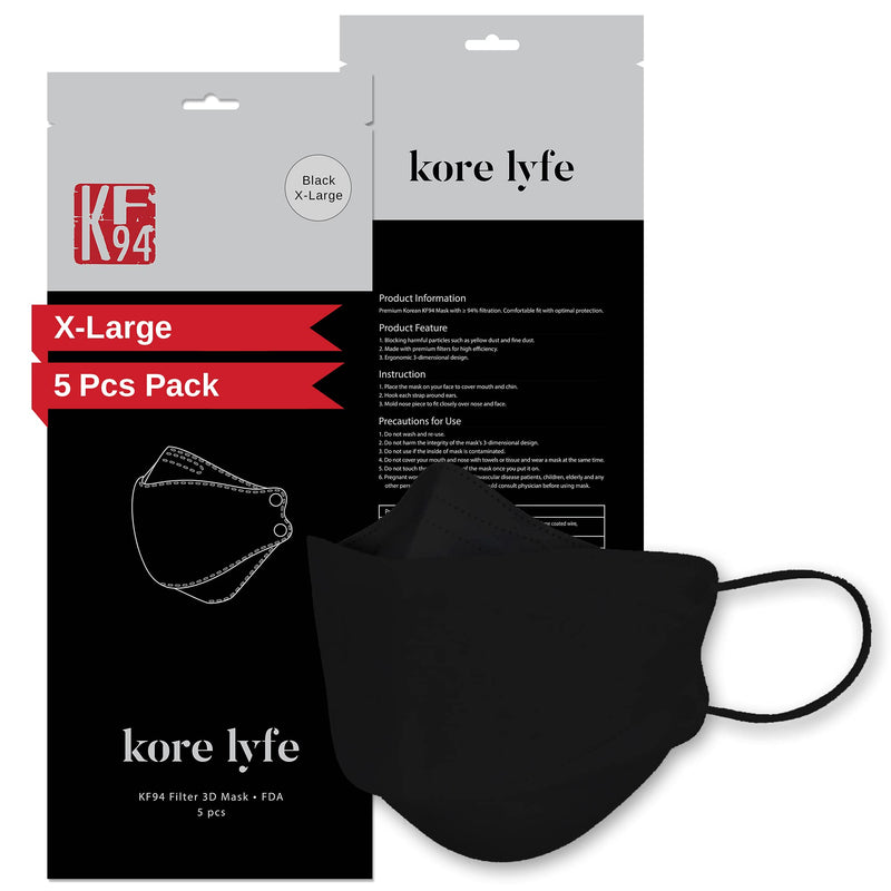 [25 PCS] 25% LARGER KF94 Face Mask - X-LARGE BLACK - [Made in Korea] - In 5 PCS Reclosable Package - Breathable Premium Quality - [Package in English]