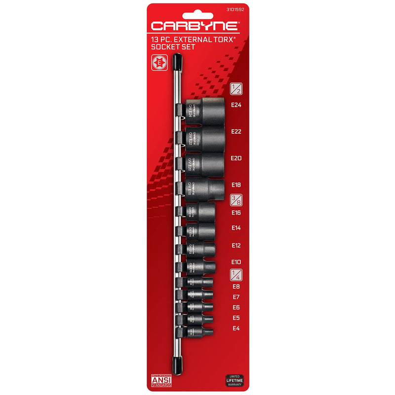 CARBYNE 13-Piece External Torx (eTorx, Female Torx) Socket Set, E4 to E24 | Chrome Vanadium Steel, 1/4, 3/8 & 1/2 inch Drive • From a Family-Run Tool Company Based in the U.S.A.