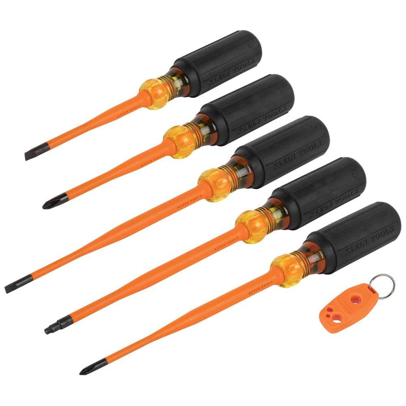 Klein Tools 33736INS Insulated Screwdriver Set, Made in USA, 1000V Slim-Tip Driver with Phillips, Cabinet and Square Bits and a Magnetizer, 6-Piece One Size 6-Piece Set