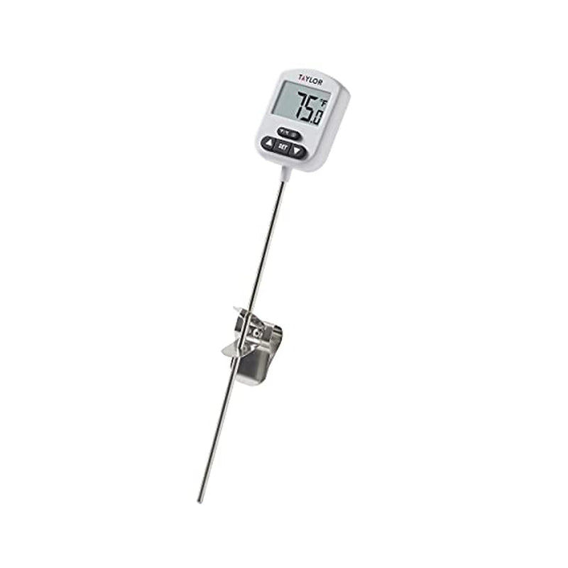 Taylor Programmable Digital Candy and Deep Fry Thermometer with Green Light Alert Display, Long Stem, and Adjustable Pan Clip, White