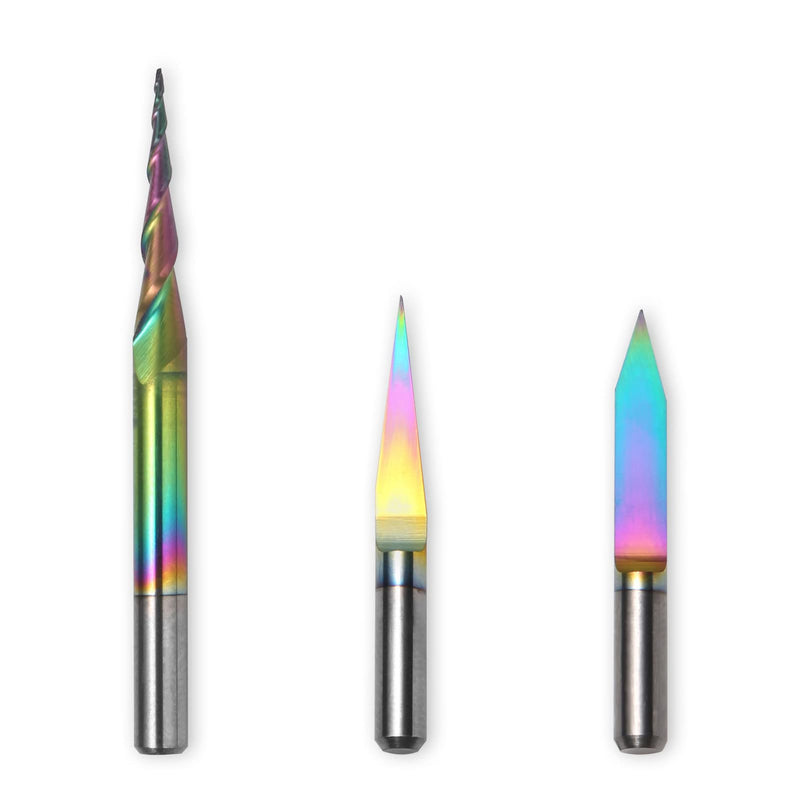 Genmitsu 3PCS V-Shape Tapered Ball Nose End Mills for Aluminum, Copper, Brass Engraving and Other Metals Carving, Chromatic Coating CNC Bits, 1/8''(3.175mm) Shank, EM03A