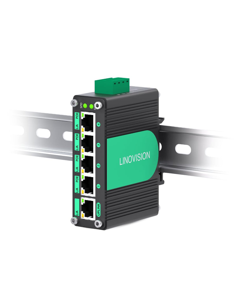 LINOVISION Industrial 5 Ports Gigabit Solar PoE Switch Support DC9V-54V to DC48V PoE, 4 x IEEE802.3af/at 30W PoE Ports @120W, IP40, Compact PoE Power for Solar Power/RV Truck/VoIP Systems 1