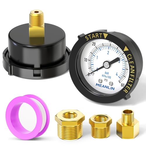 MEANLIN MEASURE 0~60Psi Plastic Frame 1/4" NPT Start and Clean Filter Pressure Gauge, Suitable for Swimming Pool, Spa, Aquarium (0-60Psi/0-4BAR/KIT, Center Back Mount) Back Mount / With adapter
