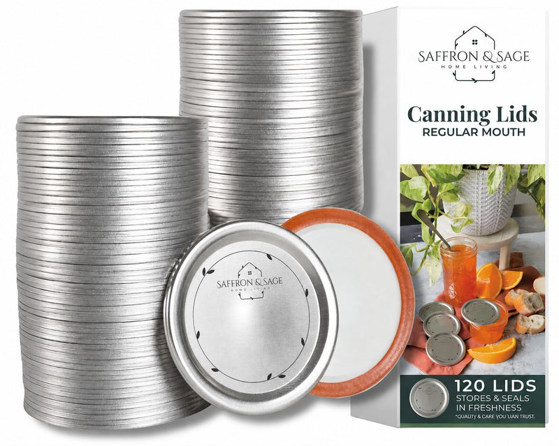 Saffron & Sage Canning Lids Regular Mouth - 120 Count Quality Universal Lids for Ball, Kerr Mason Jars - Good Sealing Performance for a Tight Seal, Food Grade, Rust Proof, and Thick to Prevent Warping 70mm