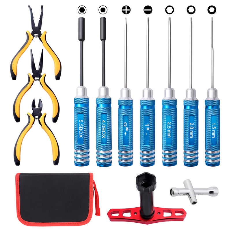 RC Car Tool Kit - Screwdriver Set (Flat, Phillips, Hex), Pliers, Wrench, Repair Tools for Quadcopter Drone Helicopter Airplane, Accessories Compatible with Traxxas RC Cars Trucks Models - 12pcs