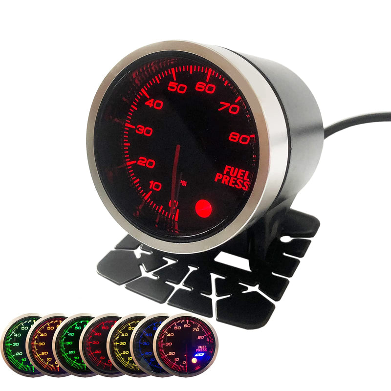 52mm 2-1/16" Fuel Pressure Gauge 7 Color 0-80 PSI Meter with Press Alarm Includes Electronic Sensor and Stepper Motor - Black Dial - Smoked Lens