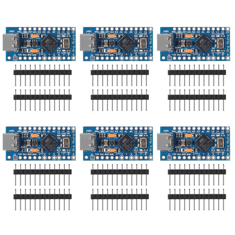 AITRIP 6PCS Pro Micro ATmega32U4 5V 16MHz Type-C Development Module Board with 2 Row pin Header Compatible arduino Leonardo Replace ATmega328 Pro Mini