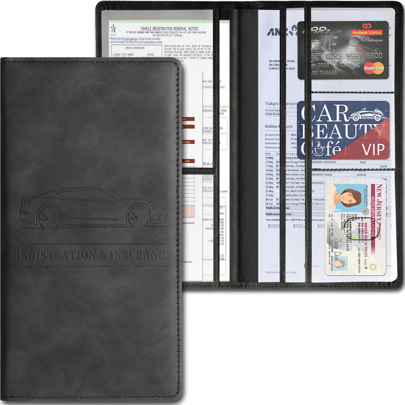 Car Accessories Registration and Insurance Holder,Leather Essential Card Magnetic Shut Vehicle Glove Box Organizer Case for Auto Driver License Document Truck Motorcycle Boat Men Women,Black Black Classic