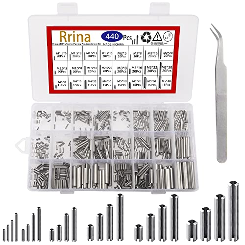 440Pcs 304 Stainless Steel Slotted Spring Pin Assortment Kit, M1.5 M2 M2.5 M3 M4 M5 Split Expansion Dowel Tension Roll Pins