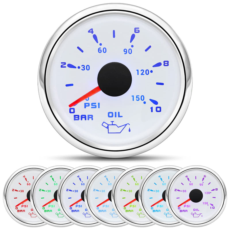 ARTILAURA Oil Pressure Gauge 7 Color 2-1/16" 52mm Electric Oil Pressure Gauge 0-150 PSI 0-10Bar Automotive Replacement for AUTO Car Truck SUV Boat Marine White