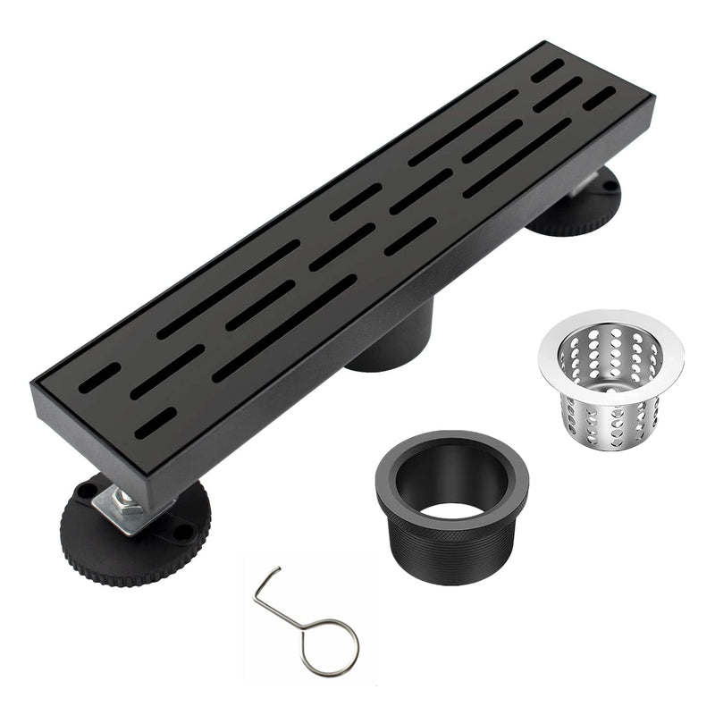 12 Inch Black Linear Shower Drain, Rectangular Shower Floor Drains with Brickwork Cover, 304 Stainless Steel Black Linear Drain for Bathroom with Leveling Feet, Hair Strainer (Matte Black) 12 Inch