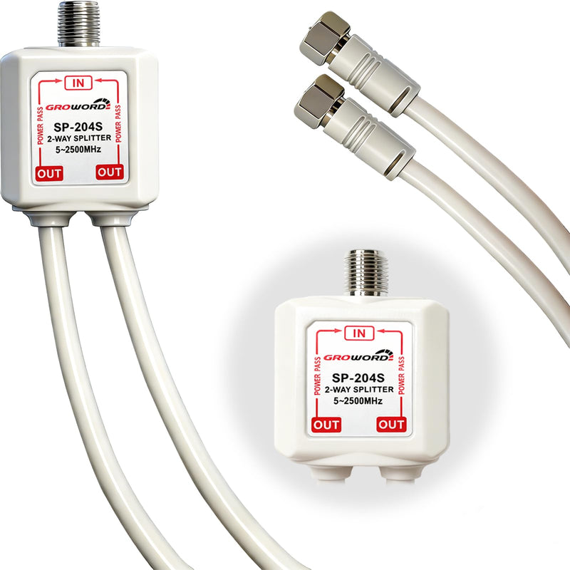 Satellite Splitter 5-2500MHz, 2-Way CATV Splitter with RG6 Coaxial Cable and 2 Connectors, for Pass Power to LNB, Improve HD TV Satellite Antenna Signal Quality, Corrosion Resistant 15 inch