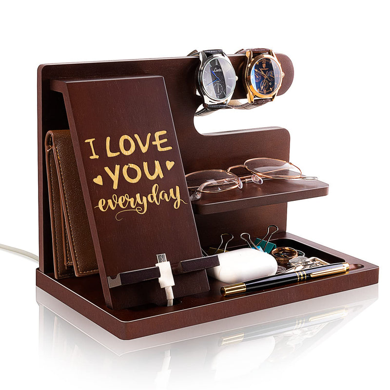 Personalized Wood Phone Docking Station for Husband Boyfriend - I Love You Everyday - Key Holder Wallet Stand Watch Organizer Men Gift Anniversary Birthday Christmas Nightstand Male Travel Gadgets For Husband/Boyfriend