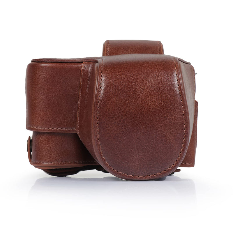 MegaGear MG2006 Ever Ready Genuine Leather Camera Case Compatible with Sony ZV-E10, Full Body Protection Lens Cover Bag with Shoulder Strap, Brown