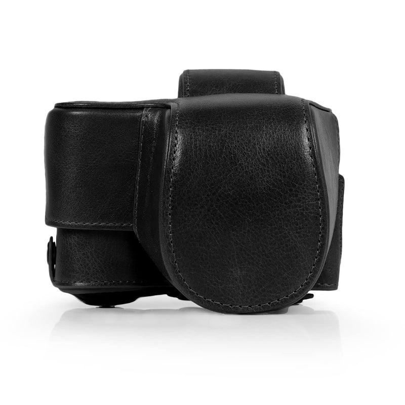 MegaGear MG2006 Ever Ready Genuine Leather Camera Case Compatible with Sony ZV-E10, Full Body Protection Lens Cover Bag with Shoulder Strap, Black