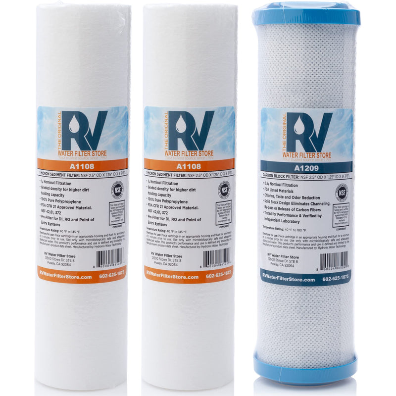 AA1209 Essential System Water Filter Refill Kit - 2-Pack 1 Micron Sediment Filters, 1-Piece 0.5 Micron Carbon Block Filter - Replacement Cartridges - Set of 3