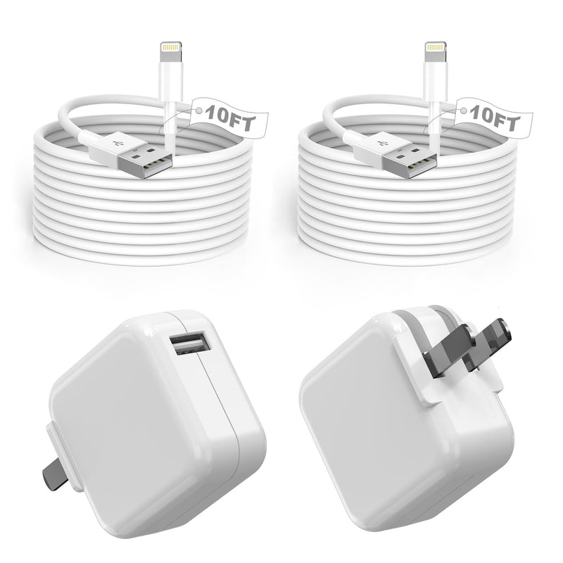 2Pack iPad Charger, 10FT Fast Charger iPad Cord with 12W USB Wall Charger Block Foldable Portable Apple Adapter Plug Lightning Cable Compatible with iPad4/5/6/7/8/9,iPadMini 1/2/3/4/5,iPadAir 1/2/3 2Pack 10FT 2