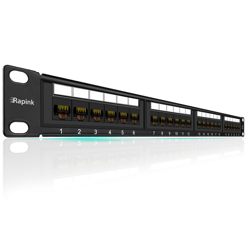 Rapink Patch Panel 24 Port Cat6 10G Support, Network Panel UTP 19-Inch, Wallmount or Rackmount 1U Ethernet Patch Panel Punch Down Block for Cat6, Cat5e, Cat5 Cabling 24Port
