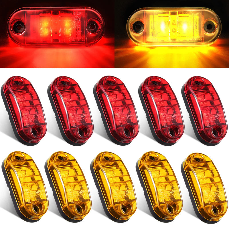 Tallew 10 Pcs 2.5 Inch LED Trailer Lights 2 Diode Waterproof LED Trailer Side Marker Oval Signal Running Lights for Truck Boat Rv(Amber, Red) Amber, Red